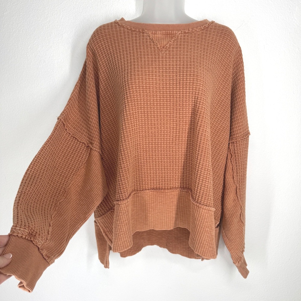 American Eagle Waffle Knit Oversized Sweatshirt Clay Orange Women Medium 4322